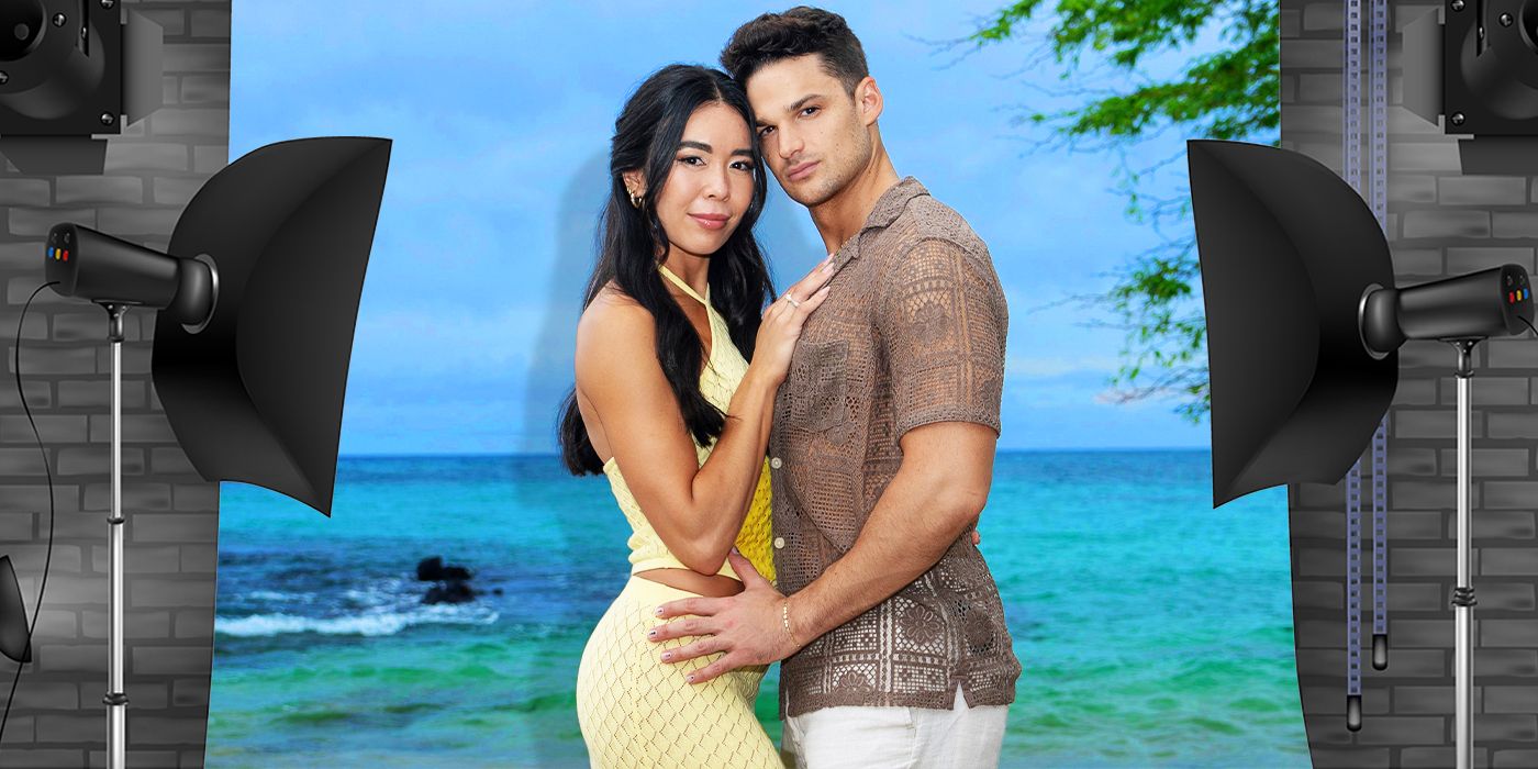 Lino and Alexis from Temptation Island hugging in front of a beach backdrop