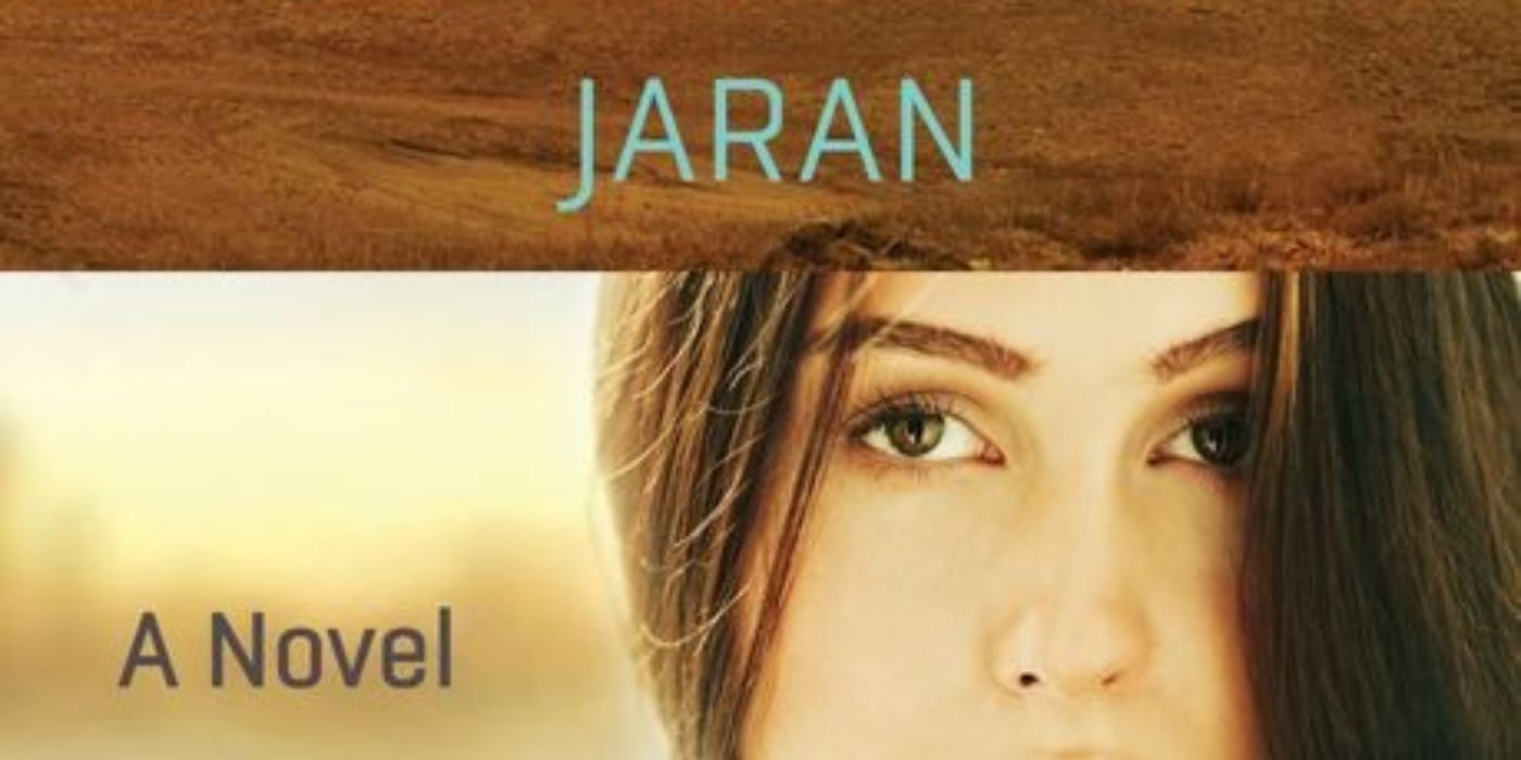 A cropped portion with the title and a woman&rsquo;s eyes on the book cover for Jaran by Kate Elliott.