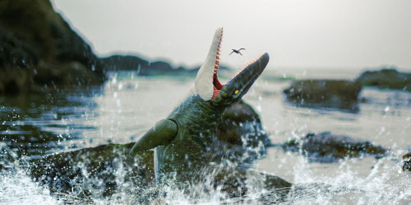 Mattel&rsquo;s Jurassic World Rebirth Super Colossal Mosasaurus toy leaping out of water to catch a bird