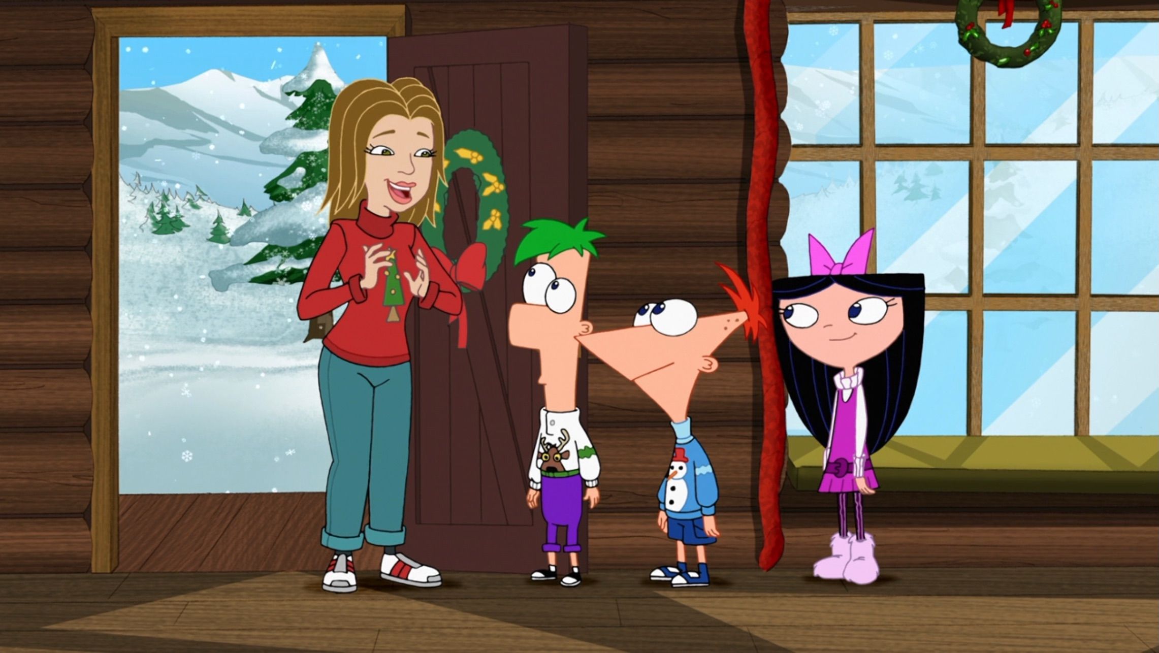 Animated Kelly Clarkson looking happy and holding her hands as though she is about to clap, next to Ferb, Phineas, and Isabella in &ldquo;Phineas and Ferb.&quot;