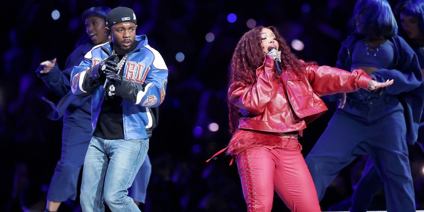 Kendrick Lamar and SZA perform together at the 2025 Super Bowl.