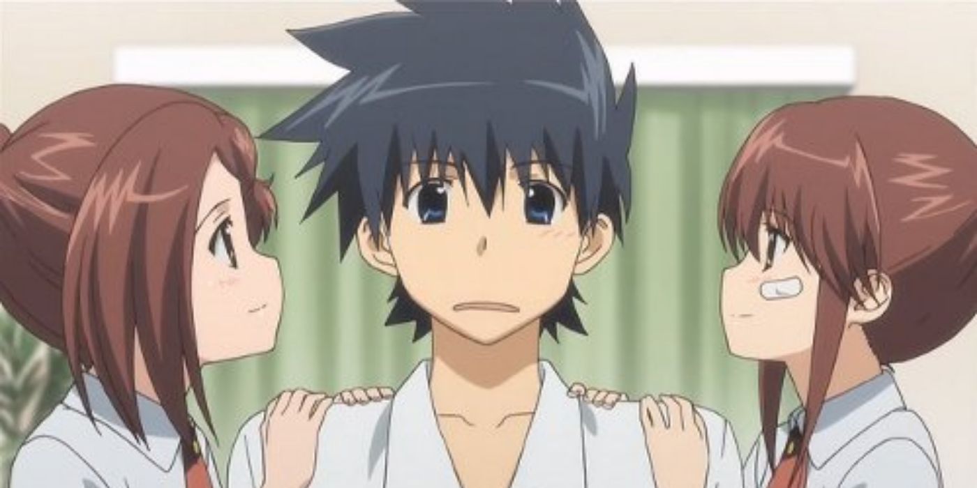 Two sisters looking at their brother in Kiss x Sis.