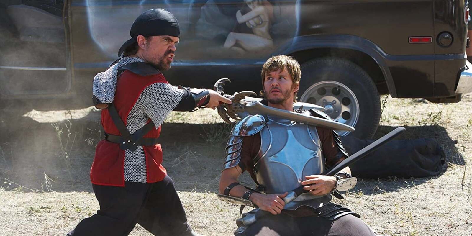 Peter Dinklage as Hung wielding a foam sword next to Ryan Kwanten as Joe in 'Knights of Badassdom' (2013)