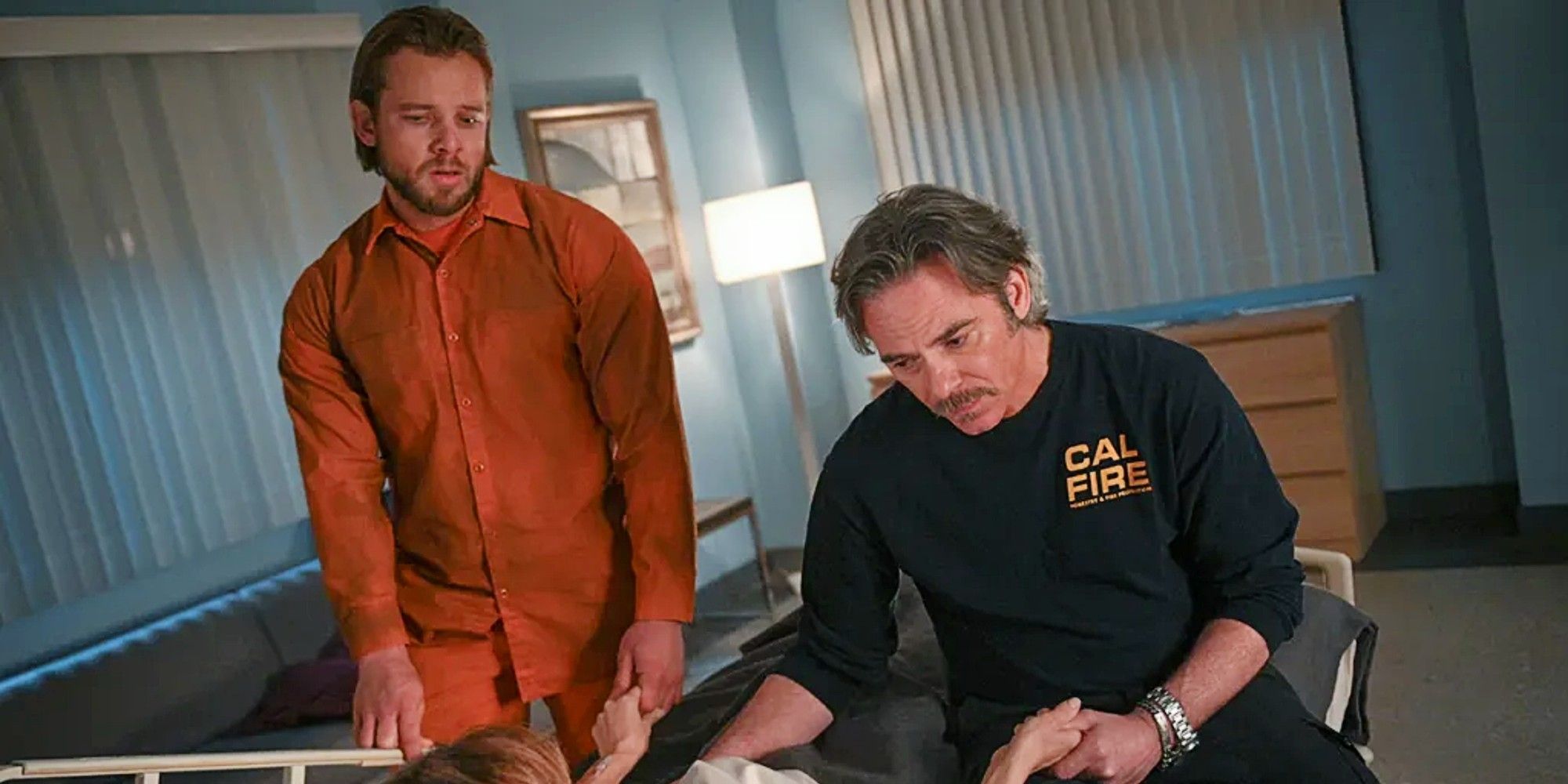 Bode and Vince Leone at Sharon's hospital bedside in Fire Country