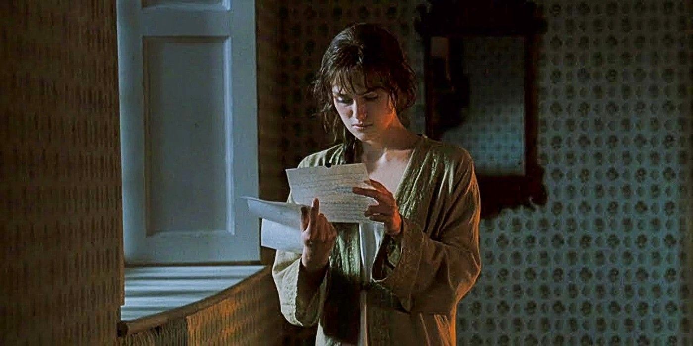 Lizzie reading the letter from Darcy in Pride and Prejudice 2005.