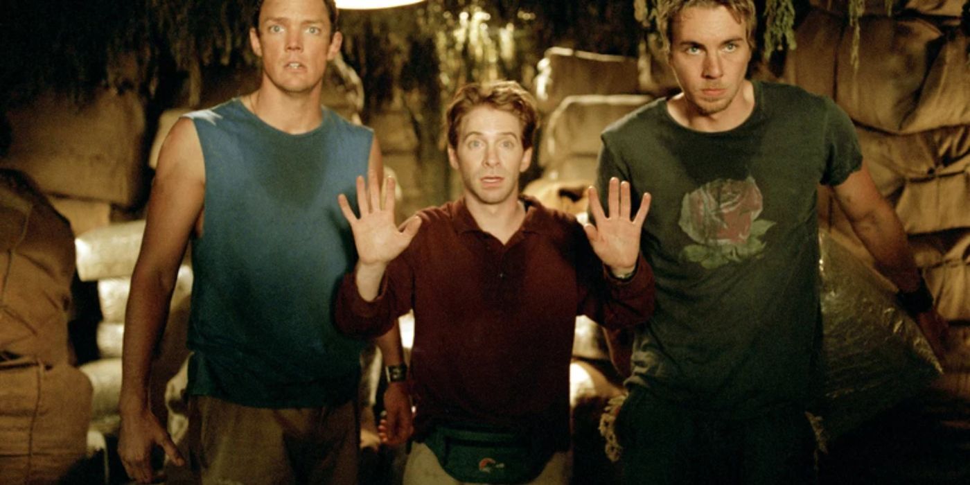 Matthew Lillard, Seth Green, and Dax Shepard looking startled by something in front of them in Without A Paddle