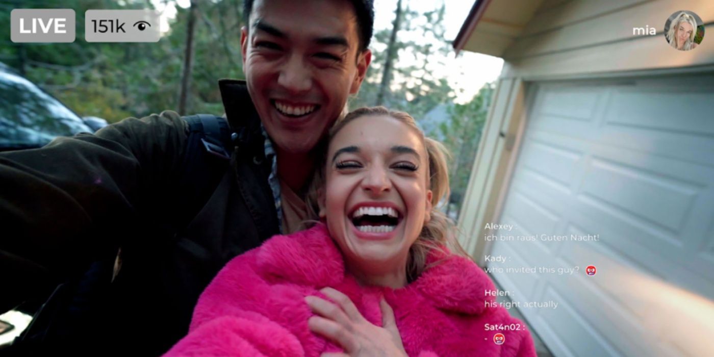 Sarah Moliski (as Mia) and Mao Sun (as Joss) laughing during a livestream in 2025&rsquo;s &lsquo;Livestream.'
