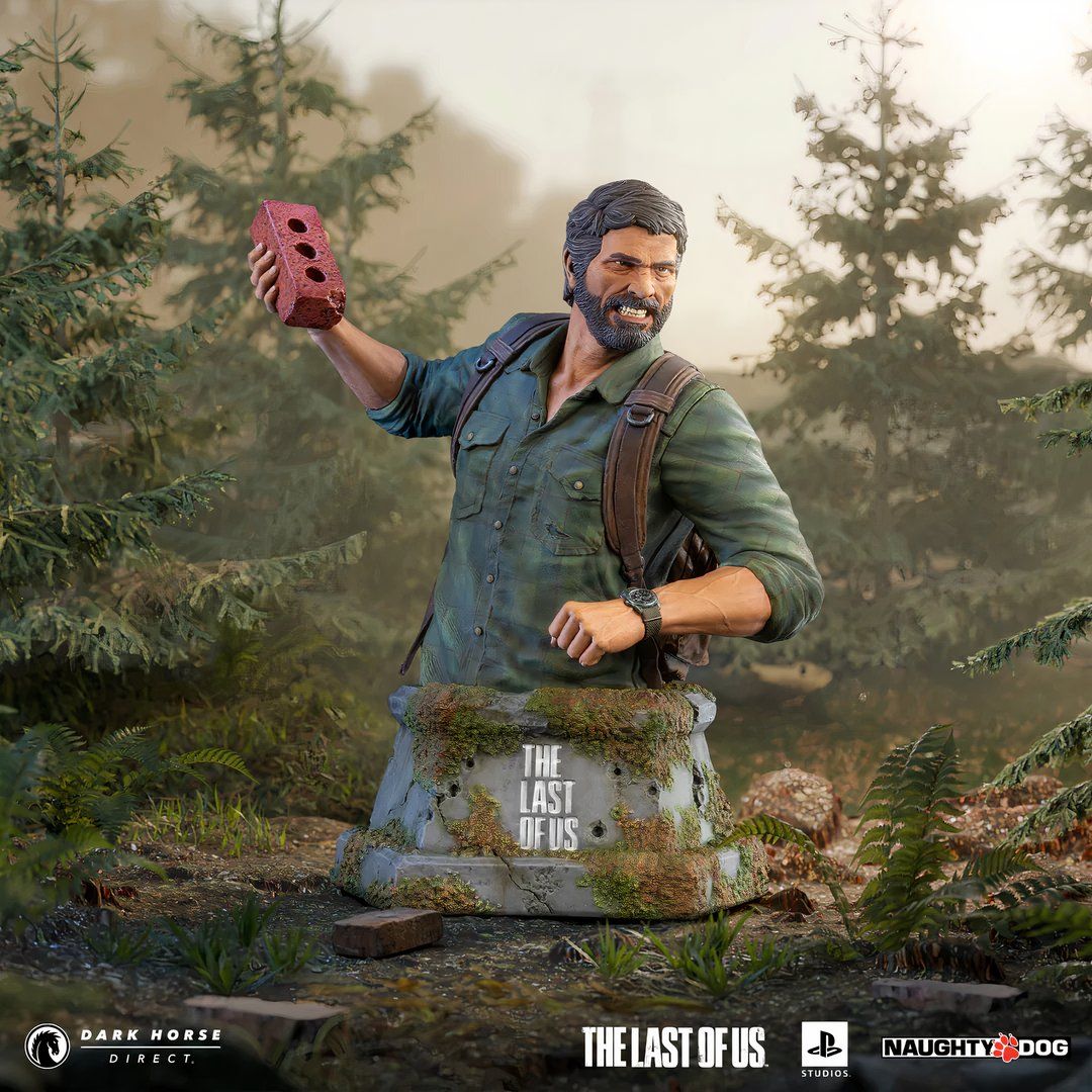 The Last of Us bust of Joel holding a brick as a weapon in the heat of a battle