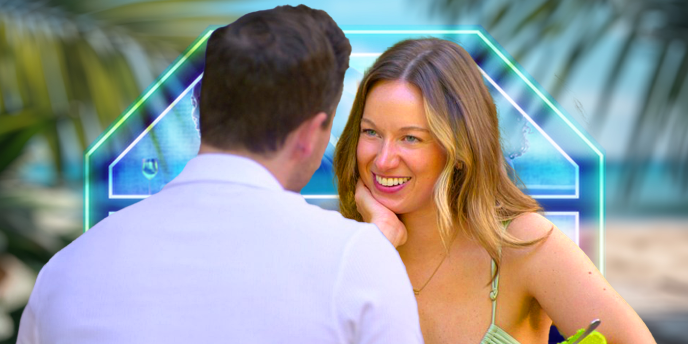 Lauren from Love Is Blind talking to a man in front of an island background