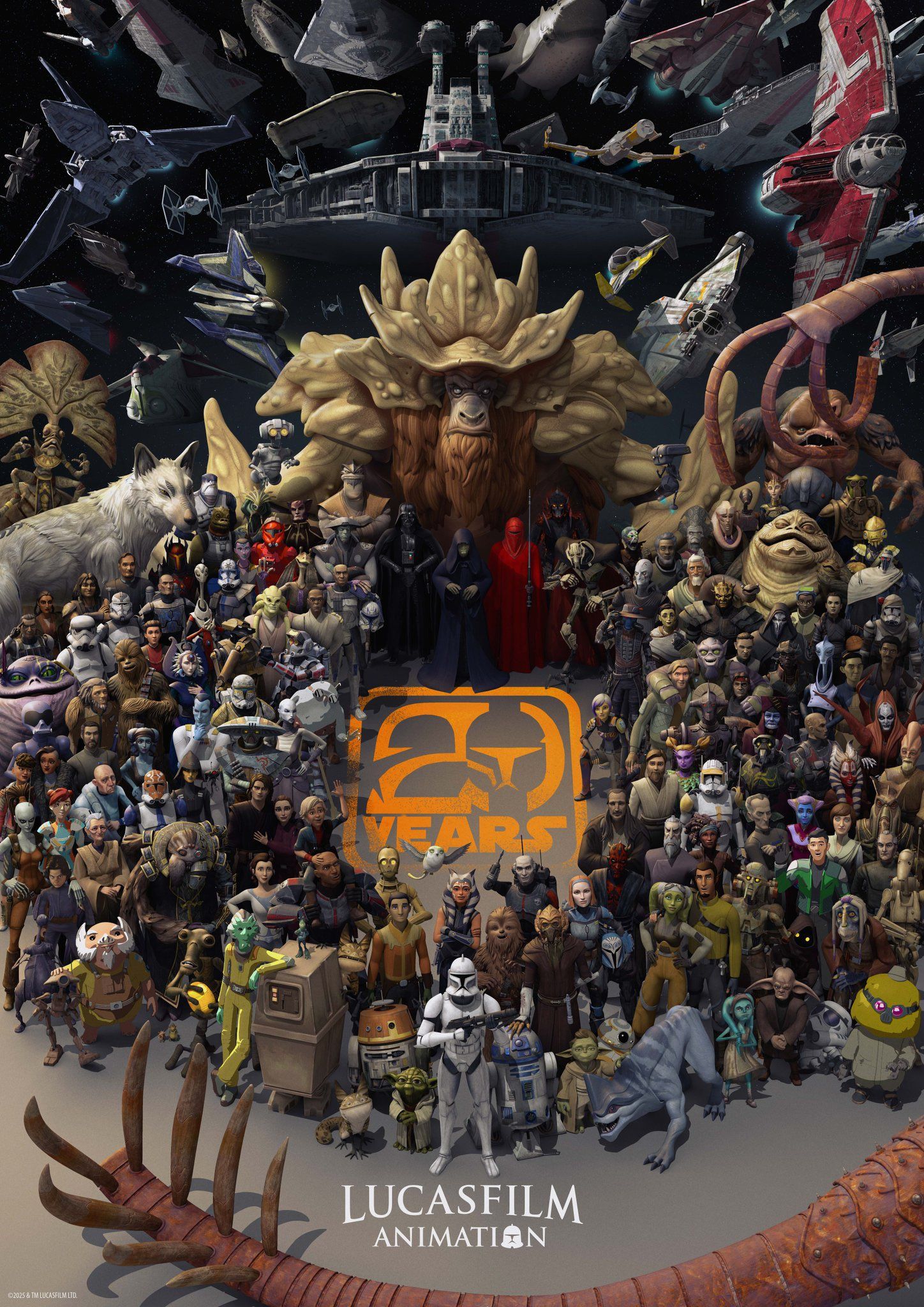 Lucasfilm Animation&rsquo;s 20th Anniversary poster, featuring many Star Wars characters.