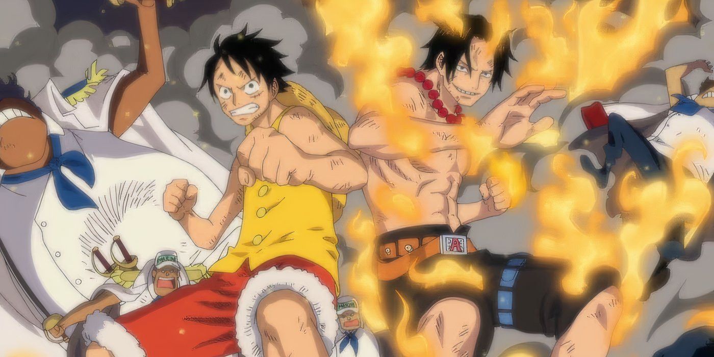 Luffy and Ace in flames standing together in One Piece