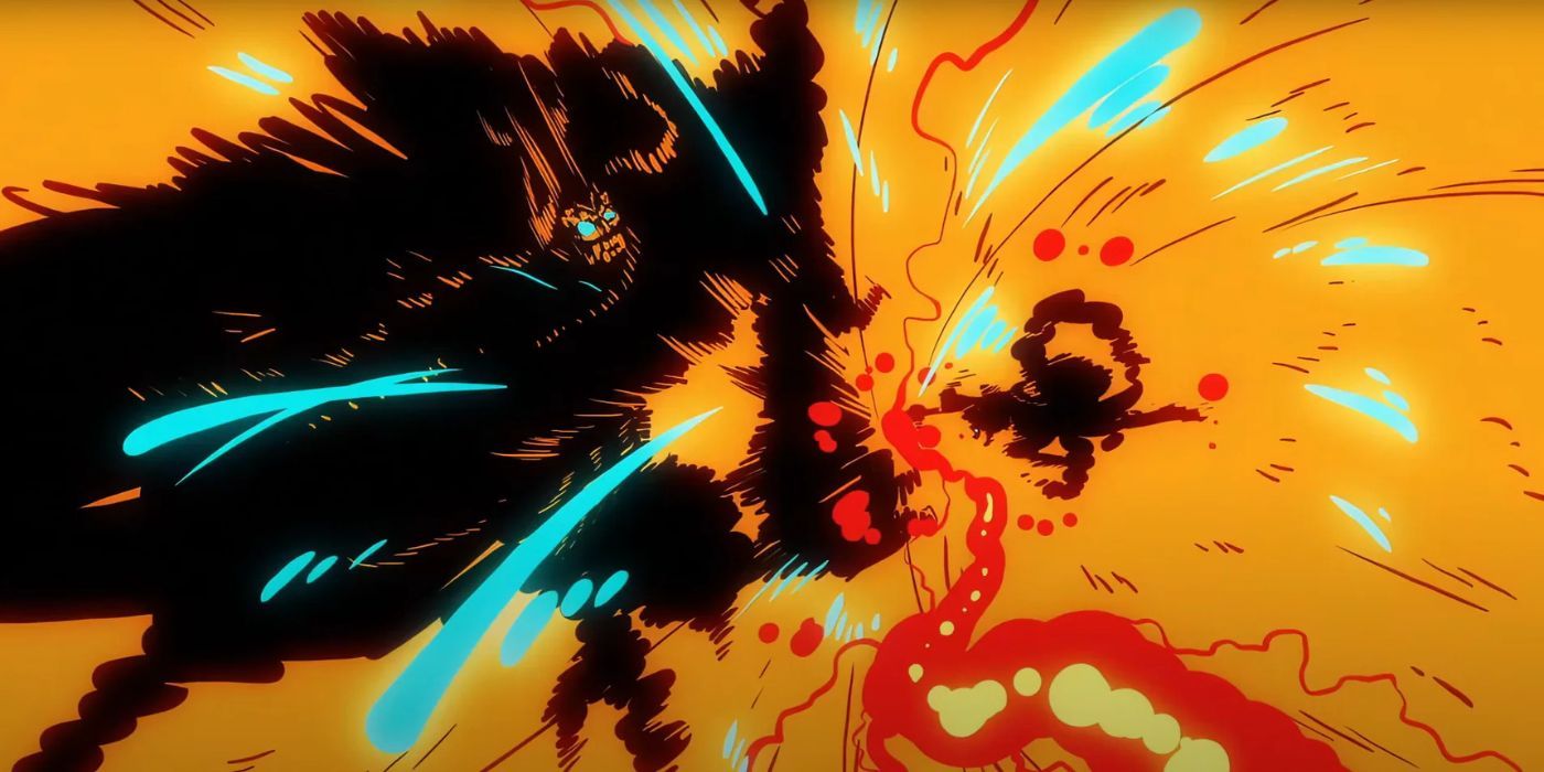Luffy punching Kaidou impact frame in One Piece