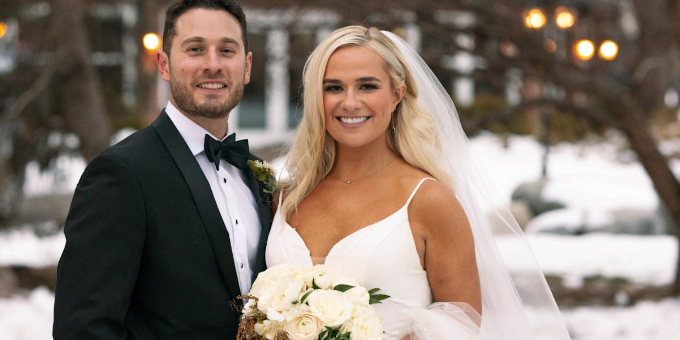 Brennan and Emily stand in wedding clothes outside with snow in Season 17 of Married at First Sight.