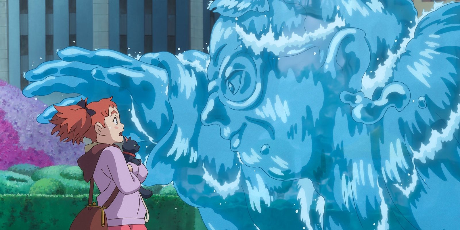 A person made of water reaches out for Mary, who holds a black cat in Mary and the Witch&rsquo;s Flower.