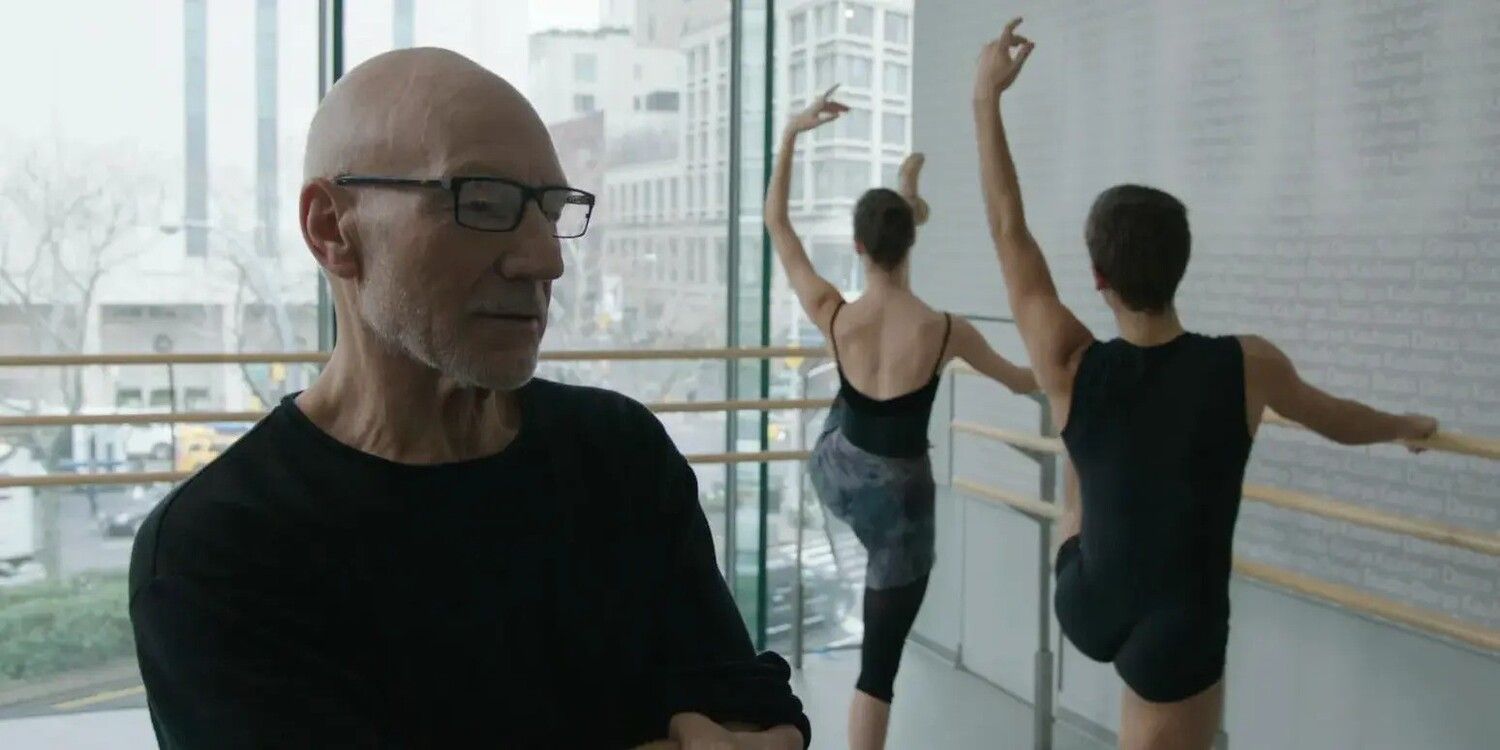 Patrick Stewart as dancer Tobi Powell standing next to two dancers in &lsquo;Match&rsquo; (2014).