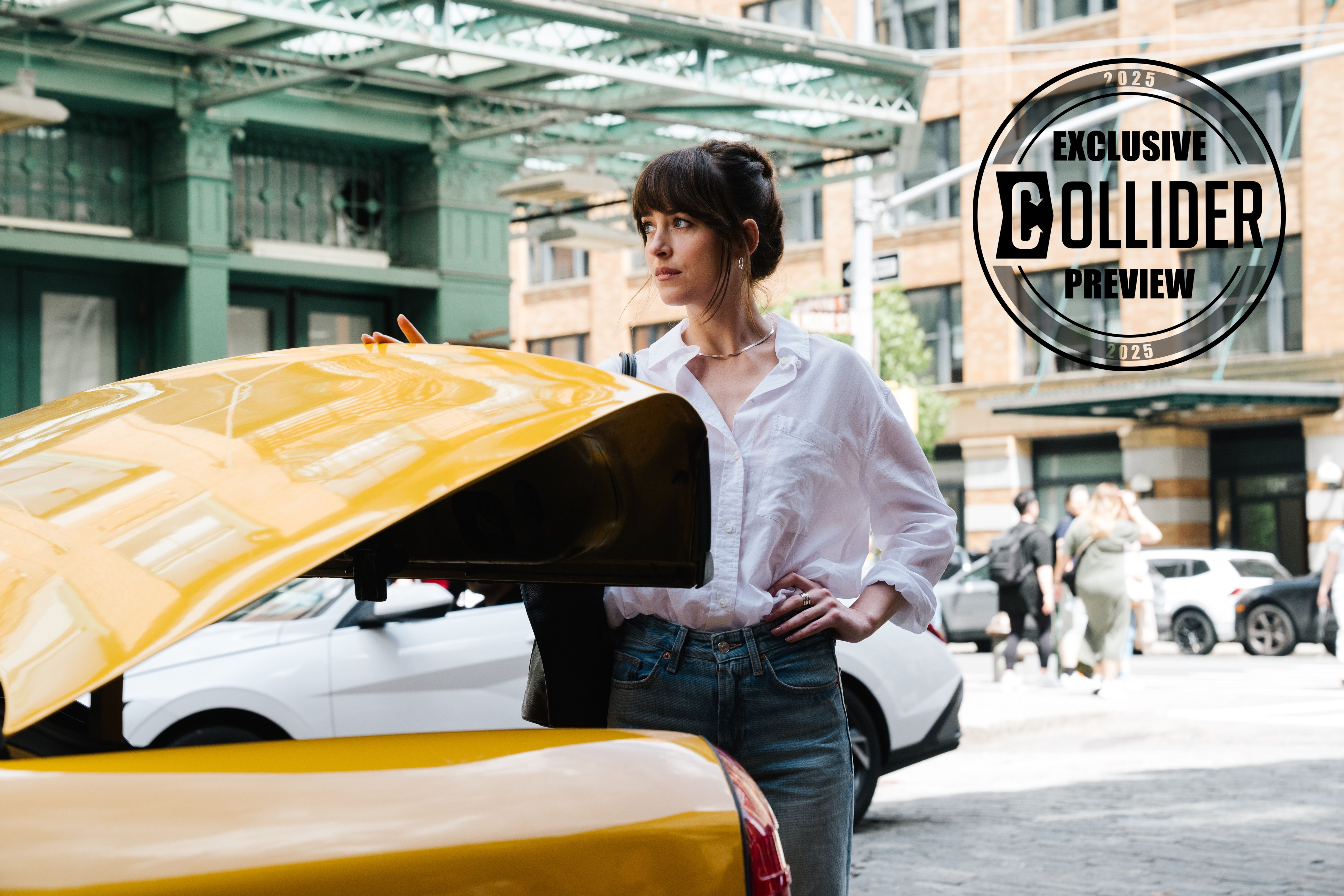 Dakota Johnson removing her bags from the back of a taxi in Materialists