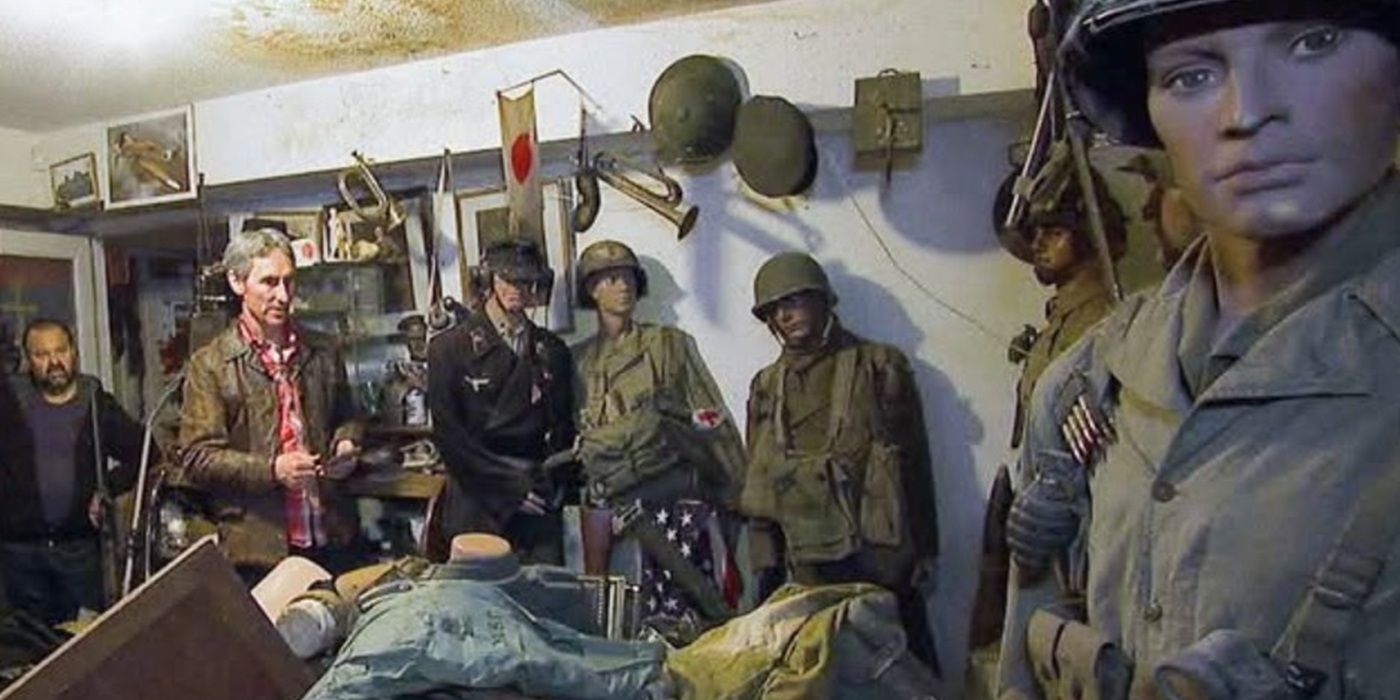 Mike wolfe and Frank fritz visit Zip, a veteran, and stand in a room full of memorabilia on American Pickers.