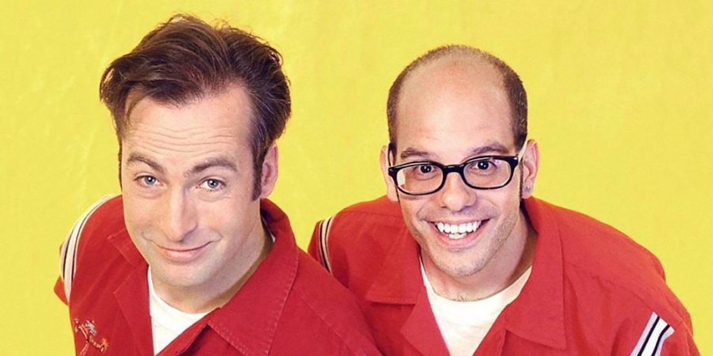 Bob Odenkirk and David Cross pose on a yellow background in Mr. Show With Bob & David.