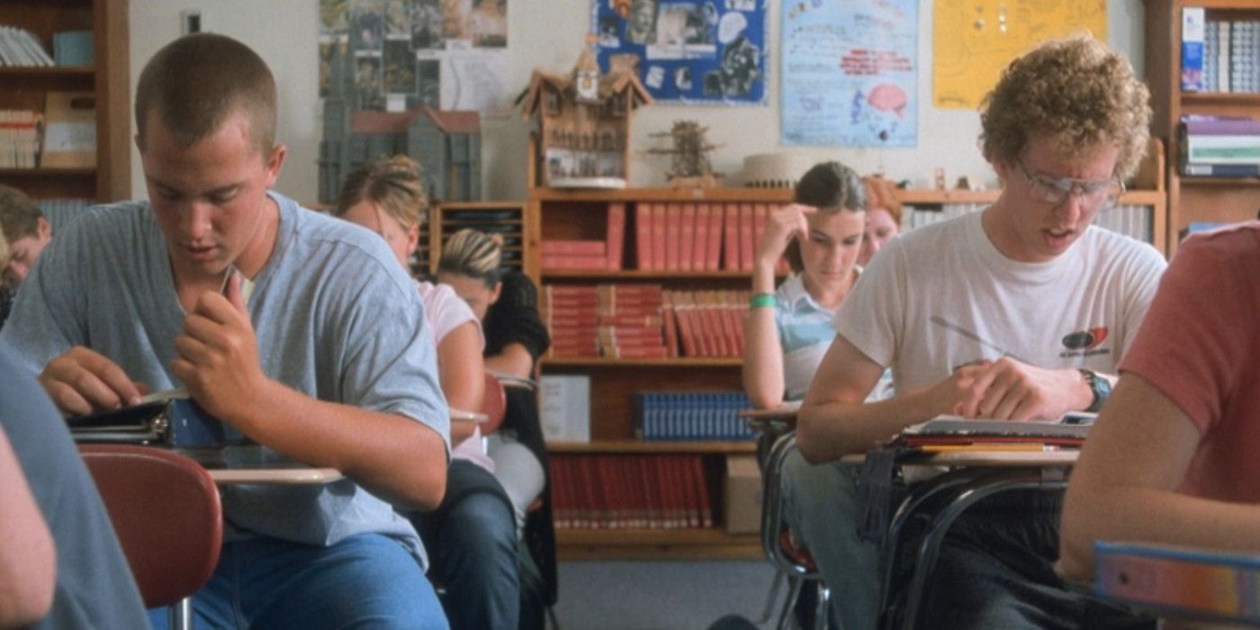 Napoleon sits annoyed in his classroom in Napoleon Dynamite.