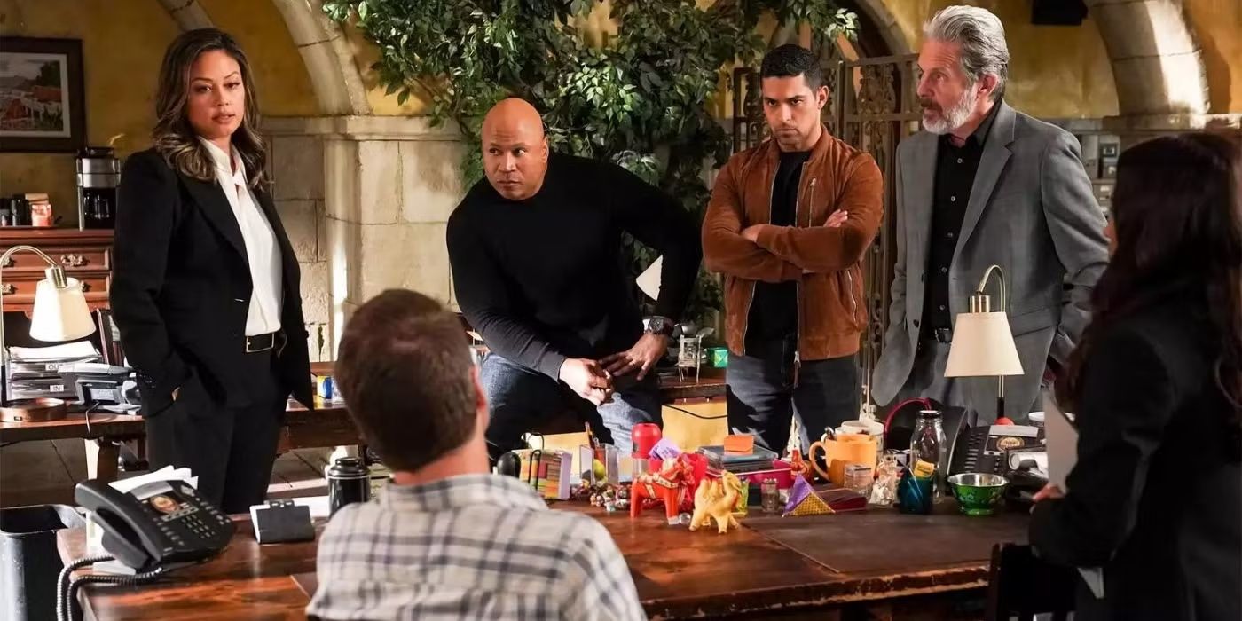 Jane Tennant (Vanessa Lachey), Sam Hanna (LL Cool J), Nick Torres (Wilmer Valderrama), and Alden Parker (Gary Cole) in the OSP breakroom in NCIS: Los Angeles.