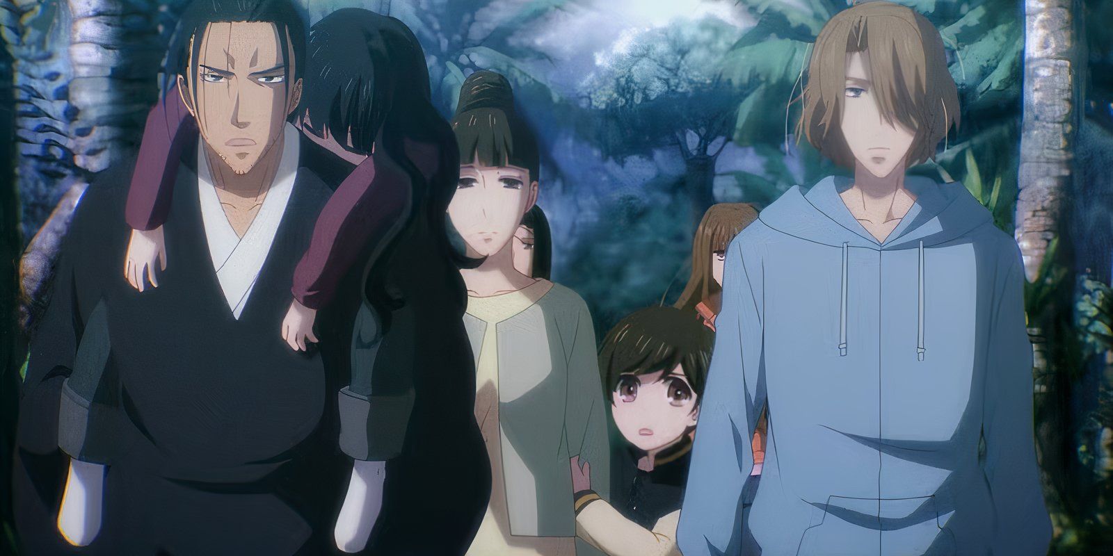 The characters look tired and walk through a jungle in 7 Seeds.