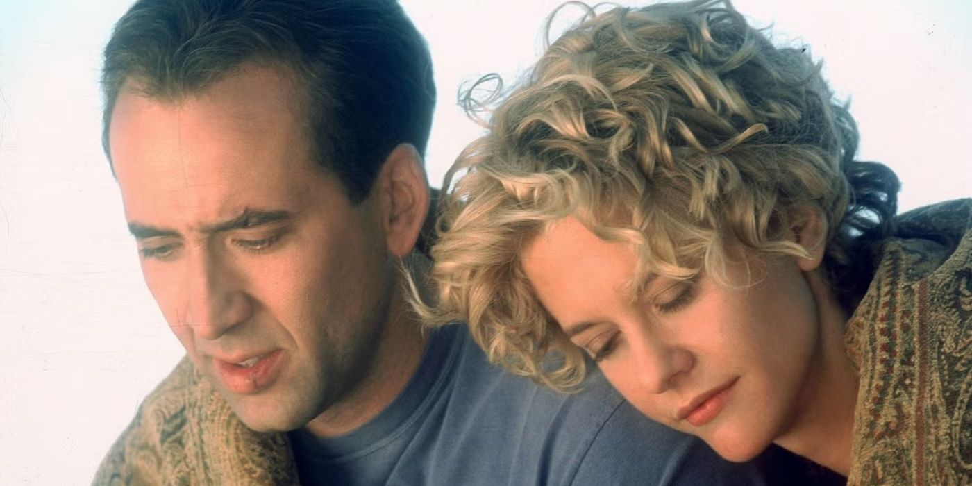 Meg Ryan leans against Nicolas Cage&rsquo;s shoulder in City of Angels.