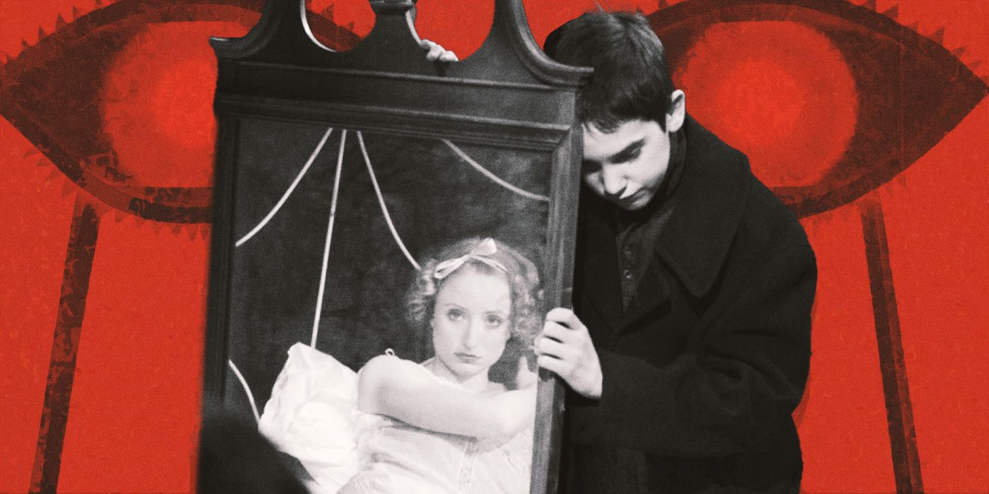 A young boy in black and white holds up a mirror with a woman&rsquo;s reflection in it, against a sinister red backdrop in Brand Upon the Brain!
