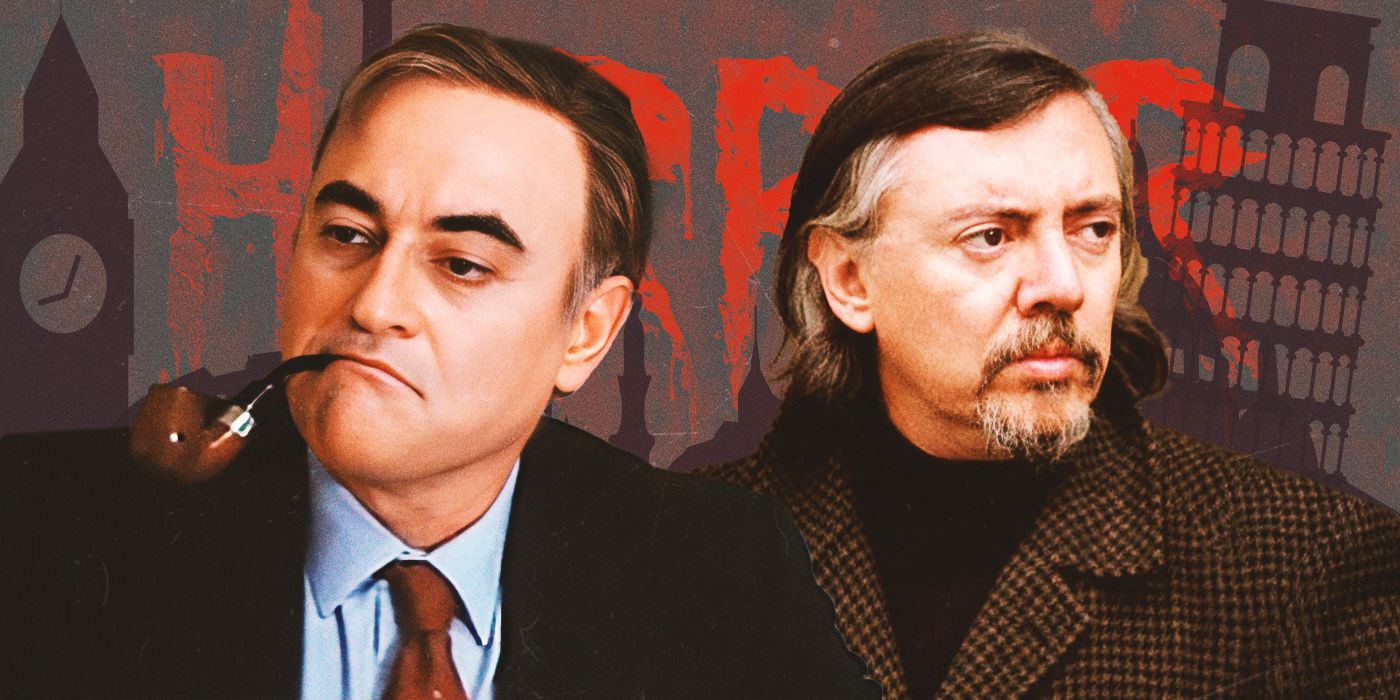 Filmmakers Jesus Franco and Paul Naschy against a backdrop of the word 'horror' and the silhouettes of Big Ben and the Tower of Pisa.