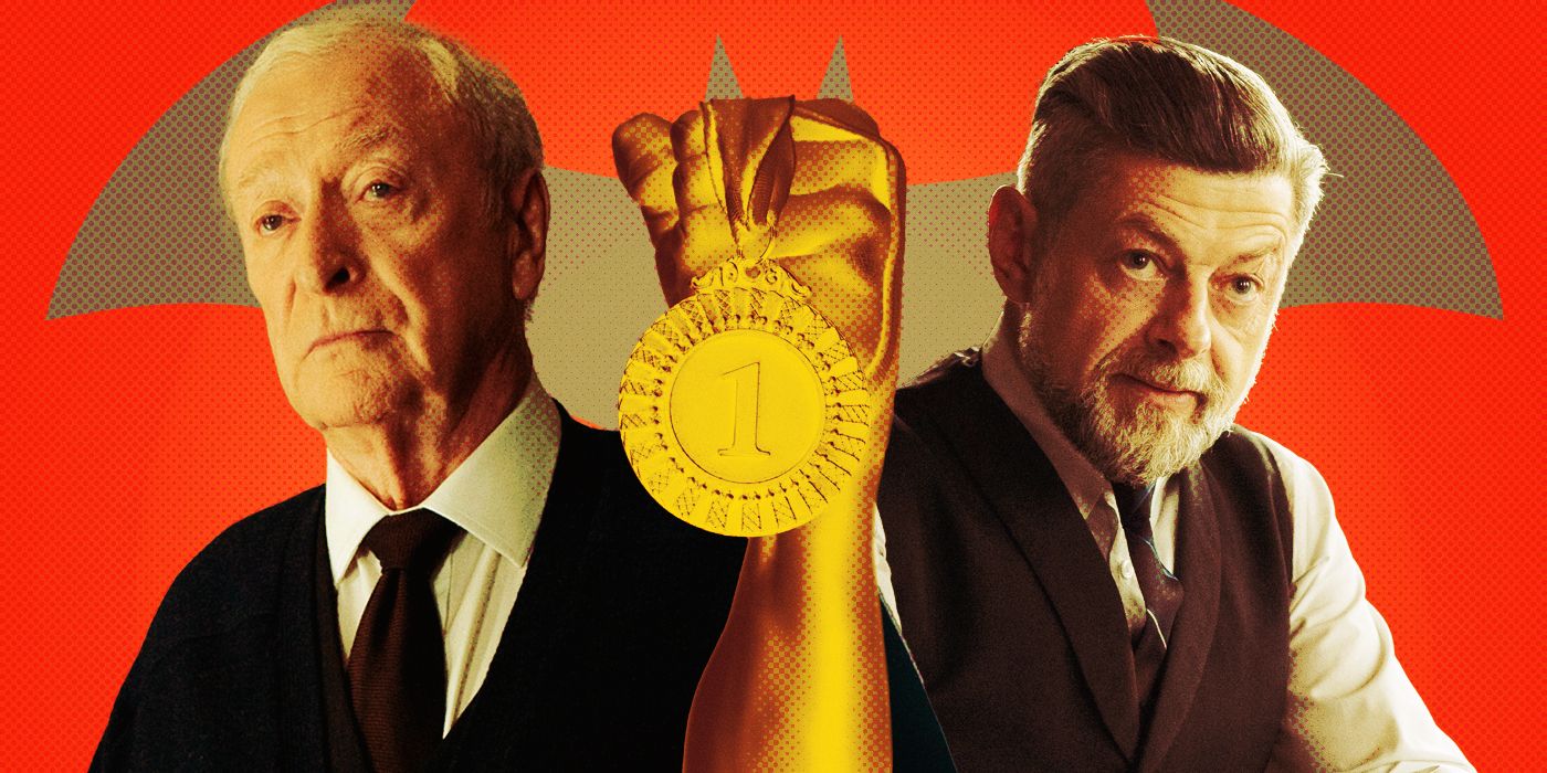 Actors Michael Caine and Andy Serkis as Albert, standing on either side of an arm holding a first place medal.