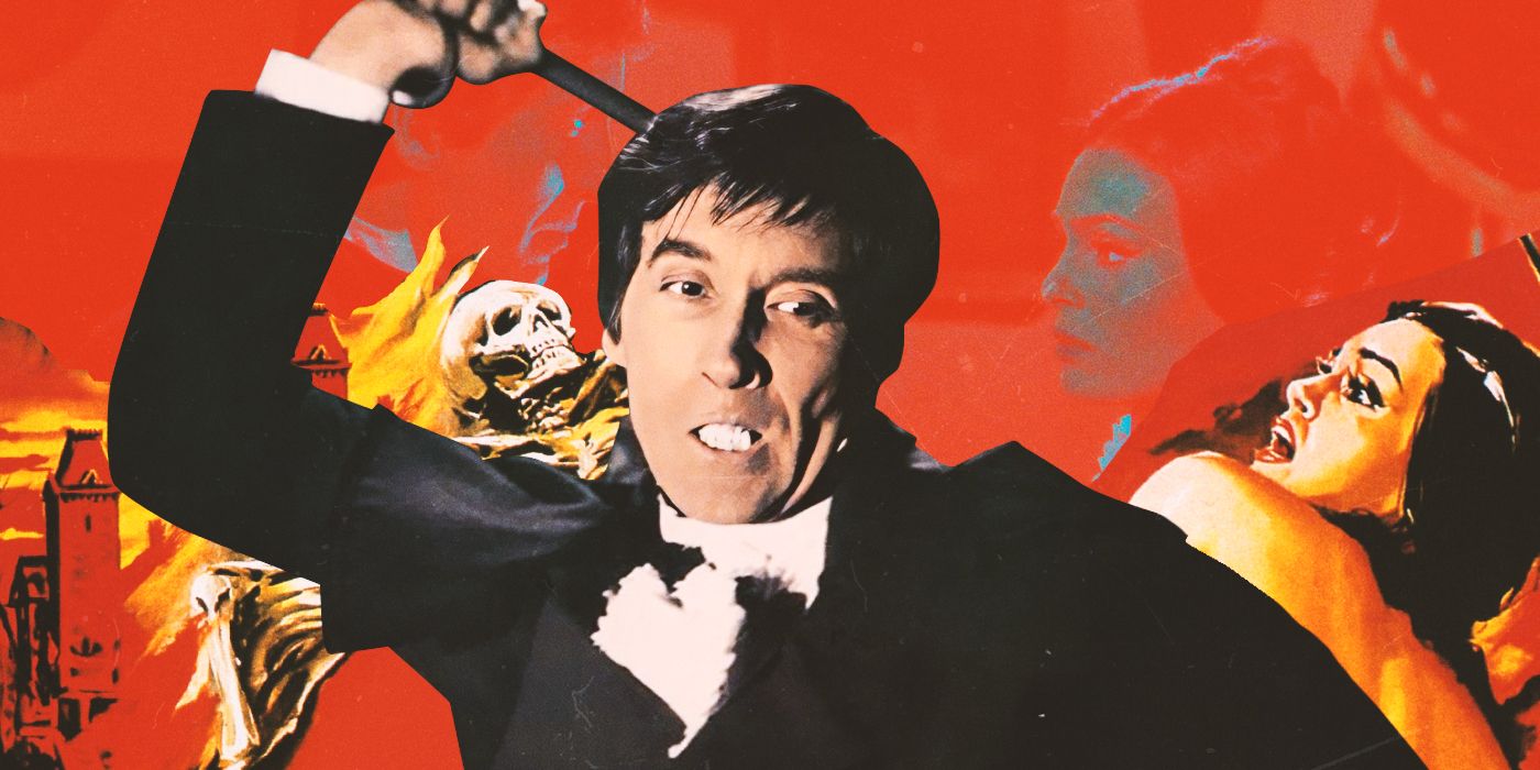 Christopher Lee as Kurt Menliff, raising a whip above his head, with an illustration of a startled nude woman and a skeleton behind him.