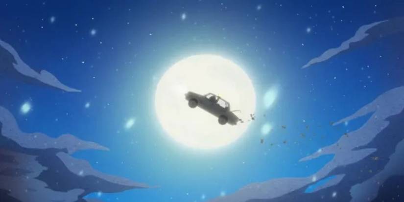 A car flying with the moon in te background in Odd Taxi