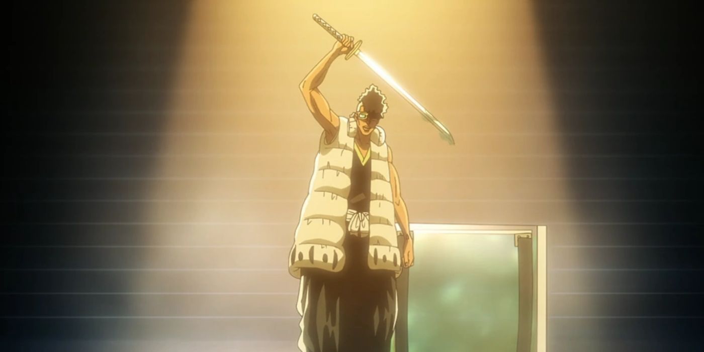 Oetsu holding a sword in front of jelly in Bleach