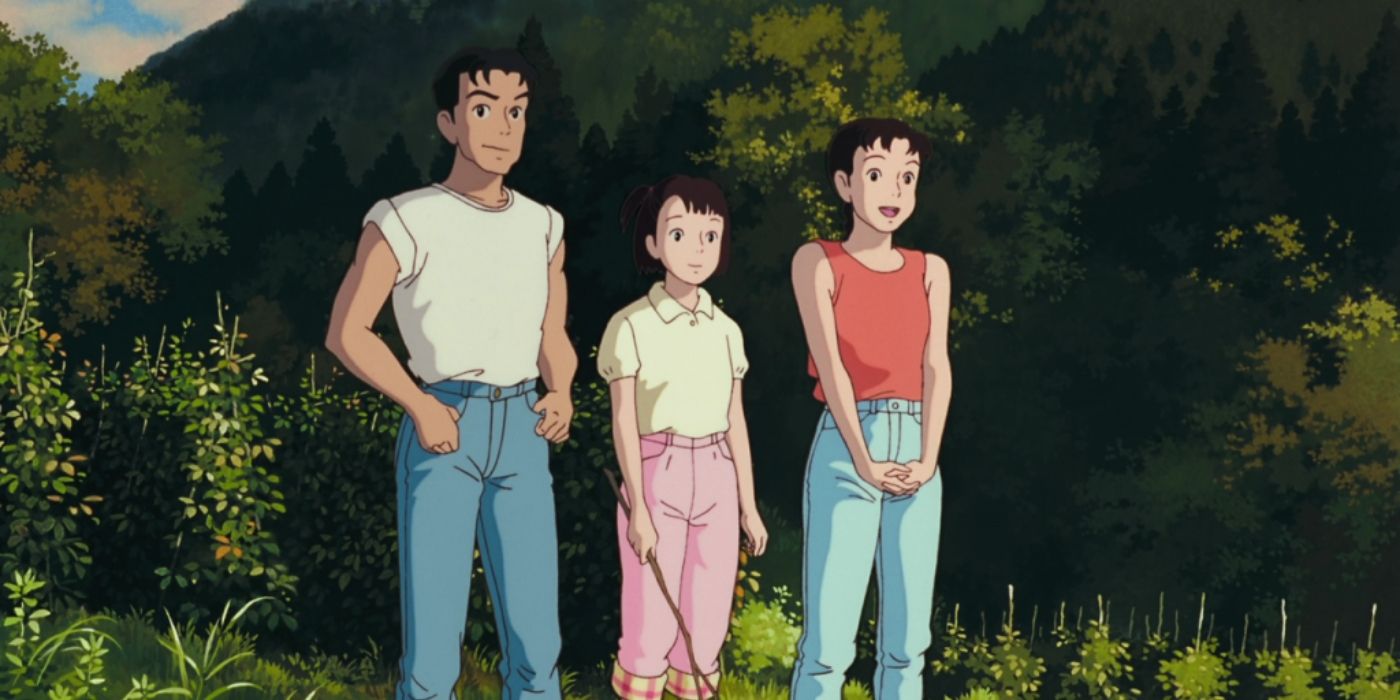 A scene from Only Yesterday (1991) showing Taeko standing with Toshio and Naoko