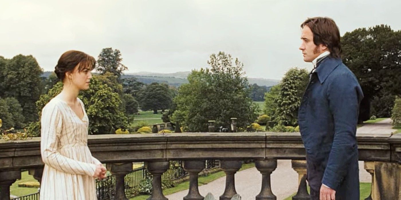 Lizzie Bennet and Mr. Darcy talking to each other on a patio at Pemberley in Pride and Prejudice 2005.