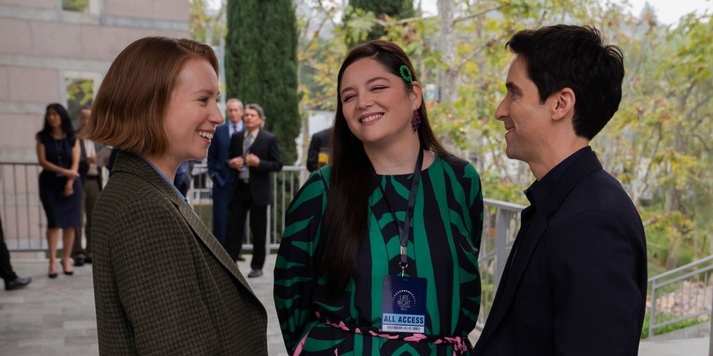 Hannah Einbinder, Megan Stalter, and Paul W. Downs as Ava, Kayla, and Jimmy in Hacks Season 4