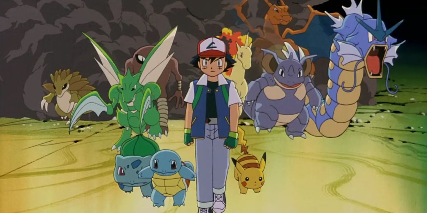 A still of all the Pokemon behind Ash Ketchum in Pokemon: The First Movie