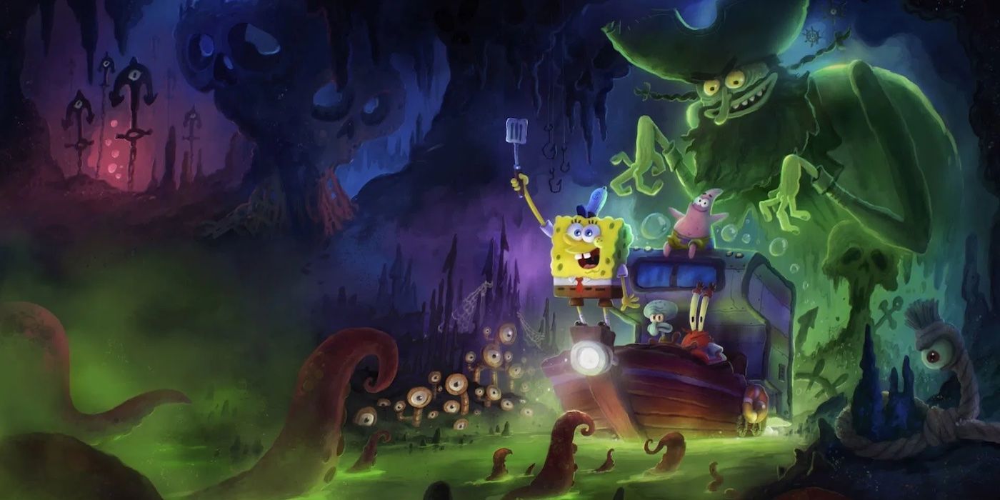 Promotional poster for The SpongeBob Movie: Search for Squarepants featuring SpongeBob, Squidward, Mr. Krabs, Patrick, and the Flying Dutchman.