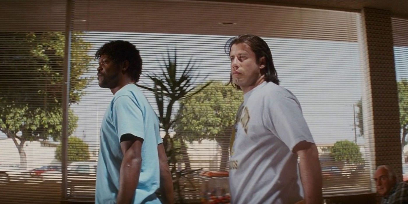 Jules and Vincent walking out of the dinner in Pulp Fiction