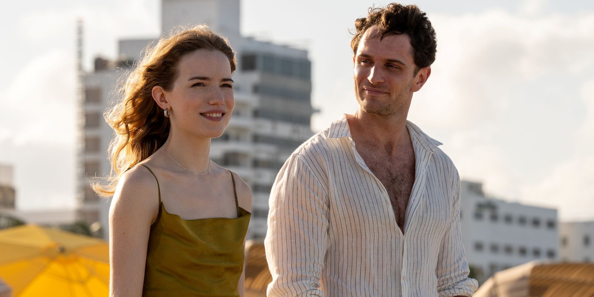 Willa Fitzgerald as Dr. Danny Simms standing outside next to Colin Woodell as Dr. Xander Phillips in Pulse