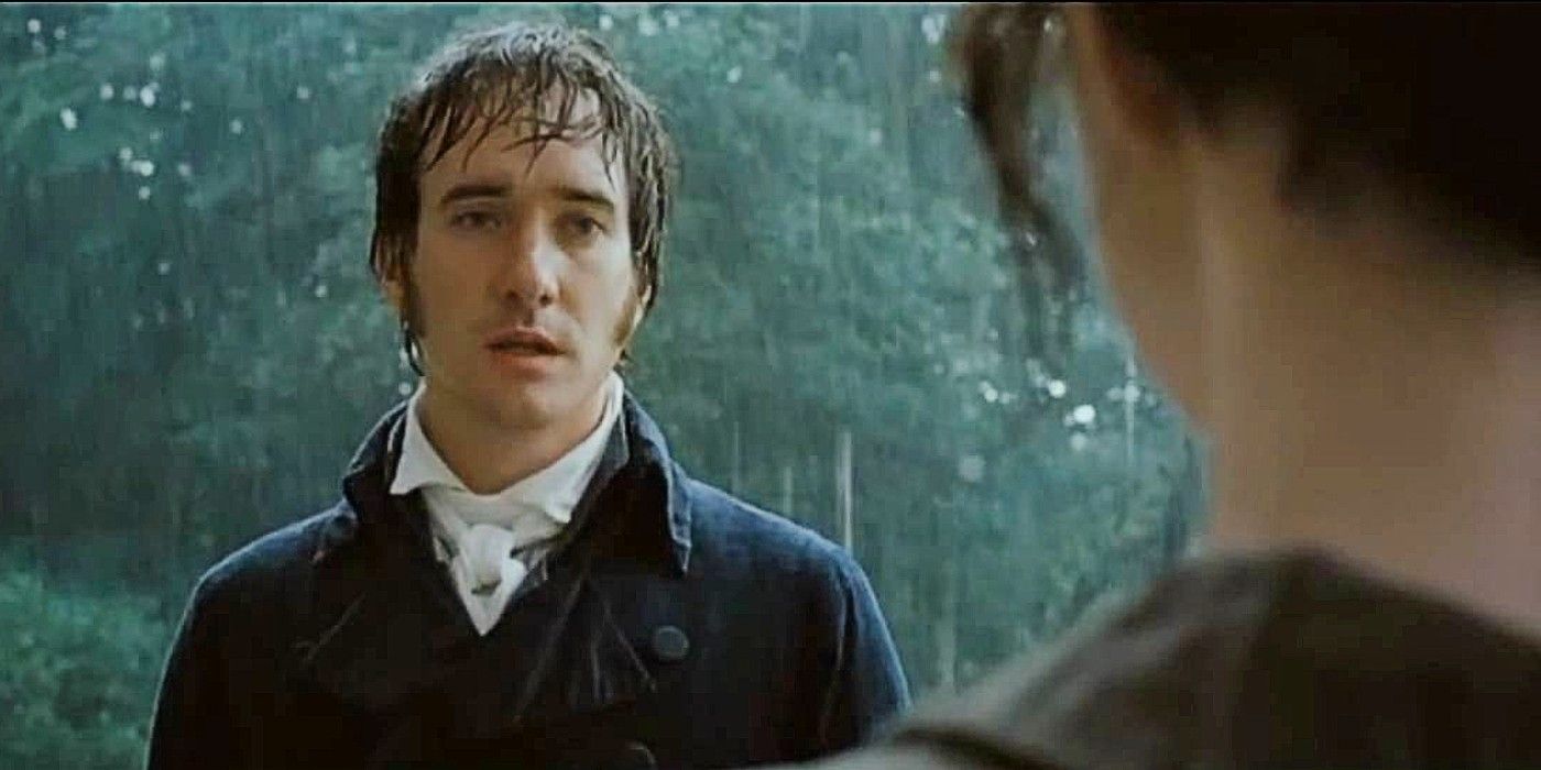 Darcy, soaking wet, proposes to Lizzie as they stand under an awning in the rain in Pride and Prejudice 2005.