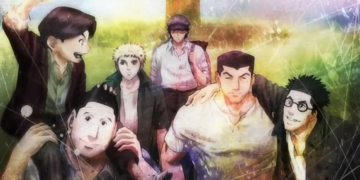The cast of Rainbow walking away from a tree