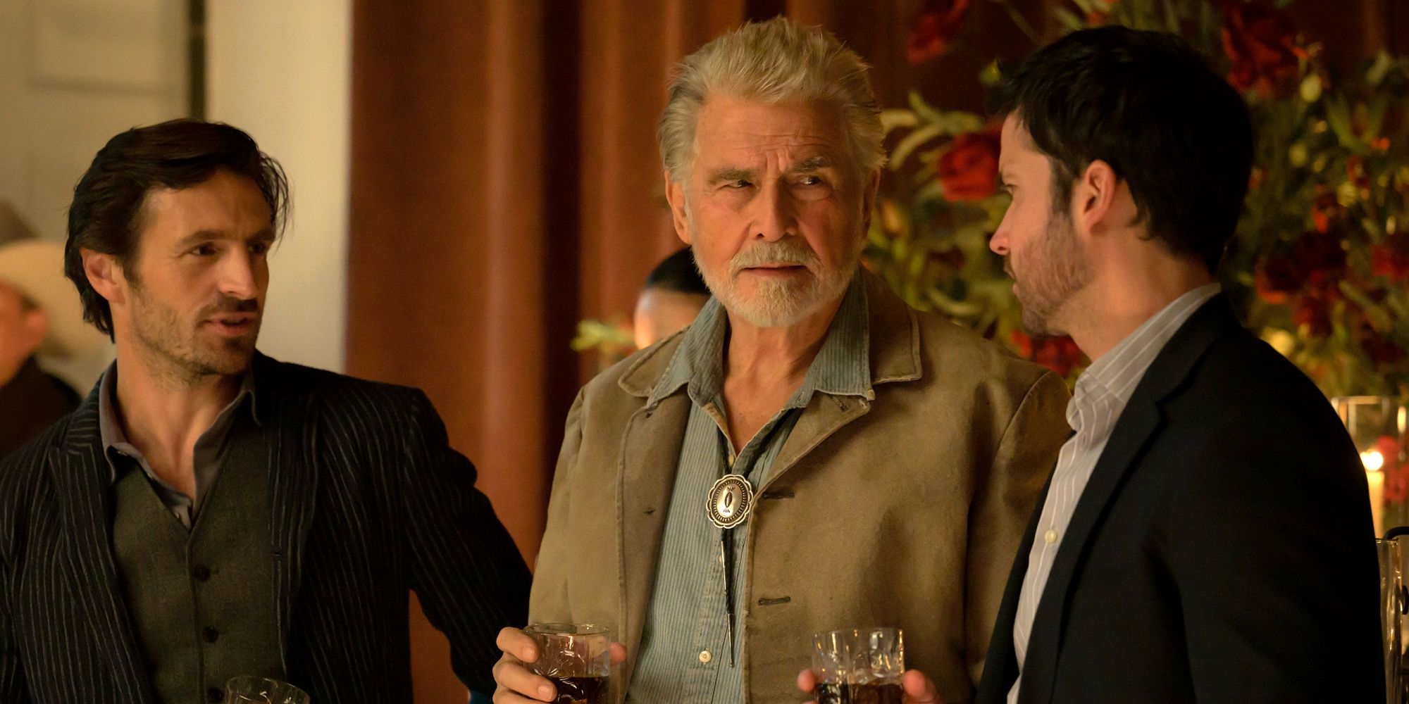 Eoin Macken as Davis Collins standing with James Brolin as Cap and Jack Schumacher as Yancy in Ransom Canyon