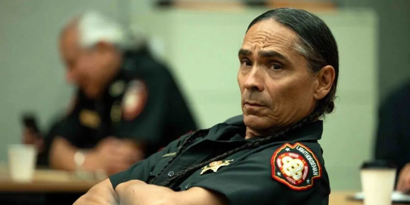 Big (Zahn McClarnon) in police uniform in &lsquo;Reservation Dogs&rsquo;