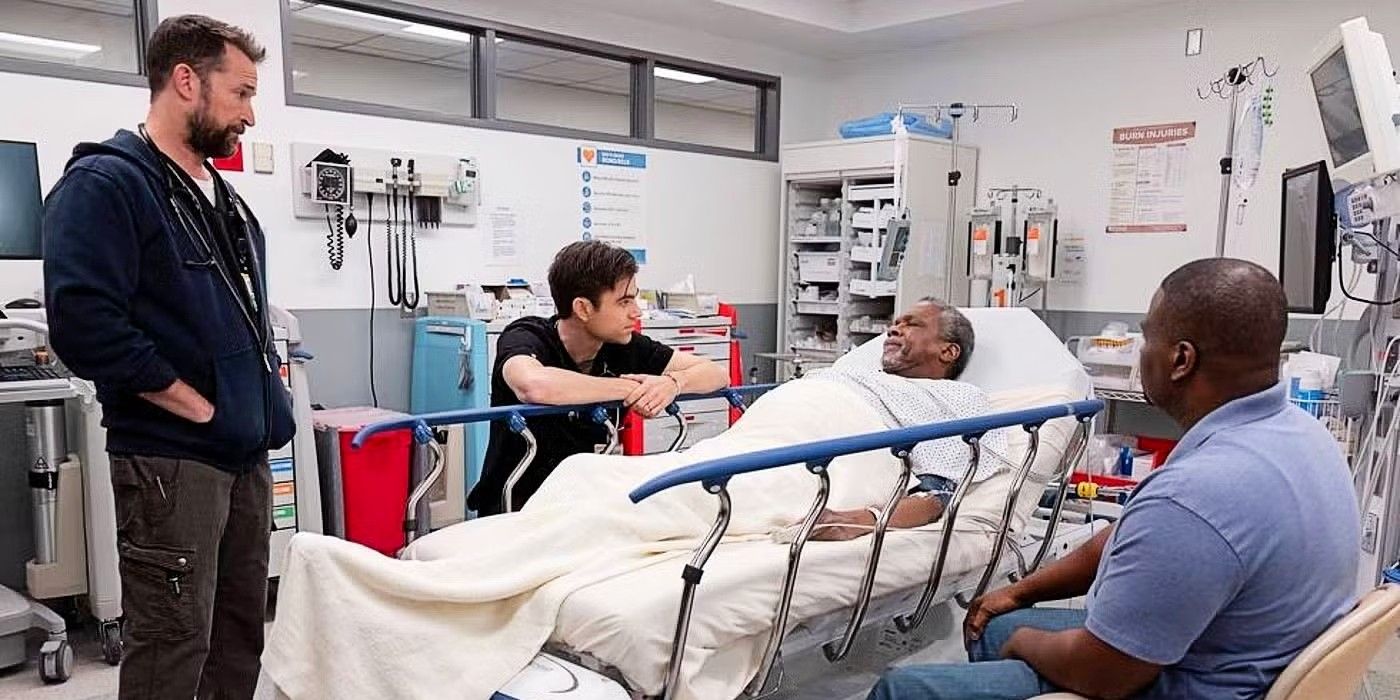 Robby and Langdon talking to Willie and his son in The Pitt Season 1 Episode 8.