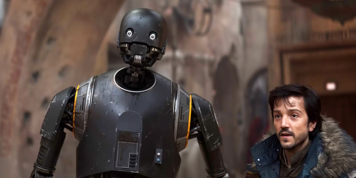K-2SO (Alan Tudyk) standing next to Cassian Andor (Diego Luna) in Rogue One: A Star Wars Story.