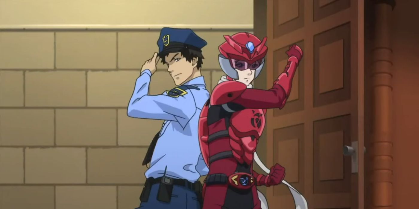 Police officer and superhero posing in Samurai Flamenco