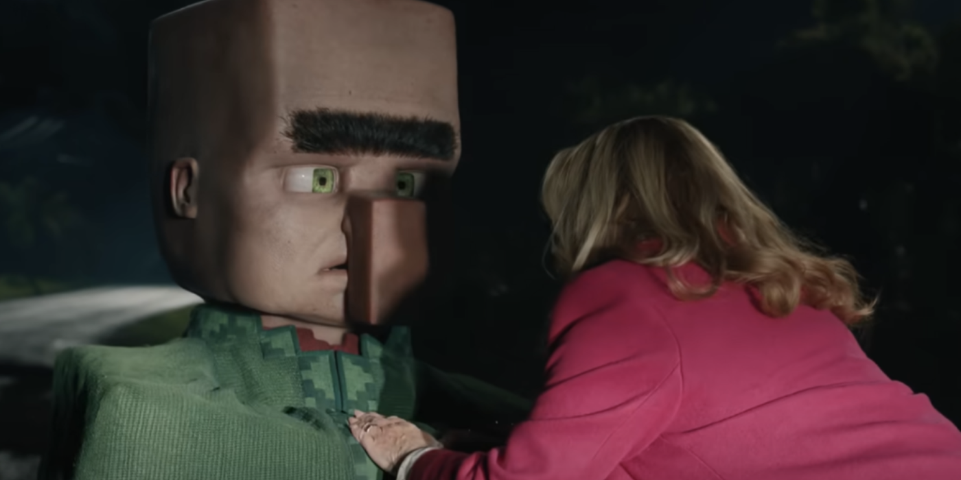 Jennifer Coolidge greets a lost villager in A Minecraft Movie.
