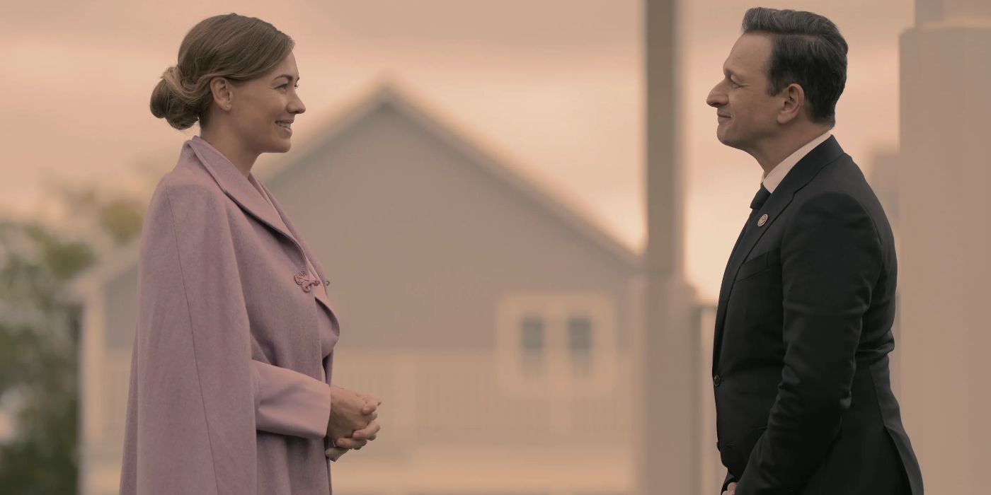 Yvonne Strahovski as Serena and Josh Charles as Commander Wharton in The Handmaid&rsquo;s Tale Season 6