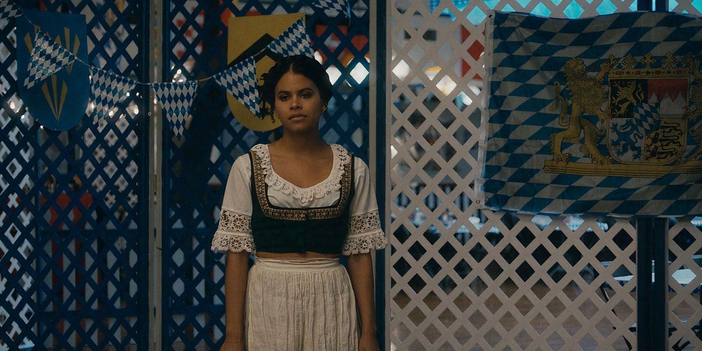 Zazie Beetz as Van in a german outfit before playing ping pong with Earn in Atlanta season 2, episode 4 Helen.