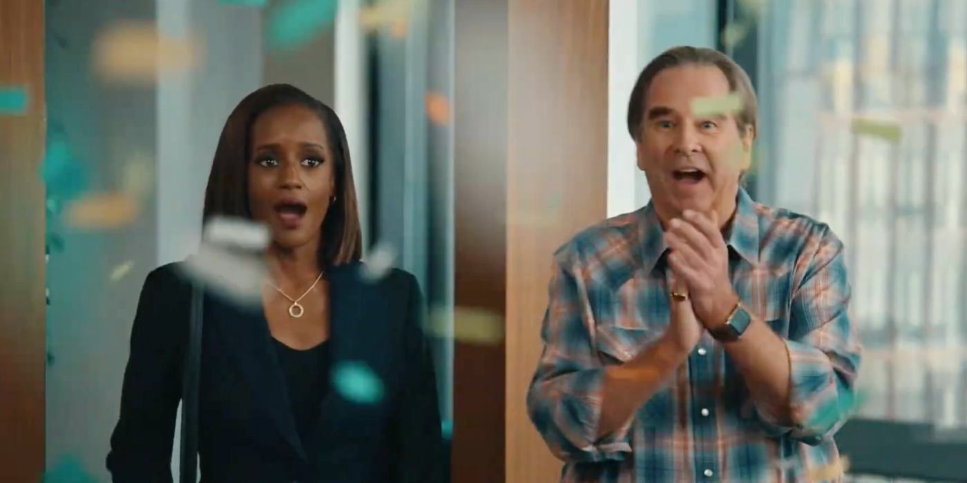 Confetti falls down as Olympia (Skye P. Marshall) is made a partner at the law firm and stands near Senior (Beau Bridges) in the Matlock Season 1 finale.